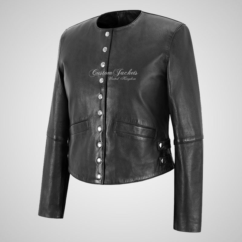 KIMBER Ladies Collarless Leather Jacket Short Fitted Black