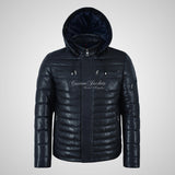 NEVIN Leather Detachable Hood Puffer Jacket For Mens