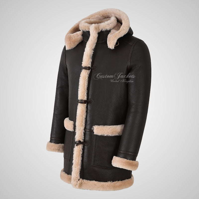 FARGO Men's Shearling Duffle Coat Sheepskin Fur Coat Removable Hood