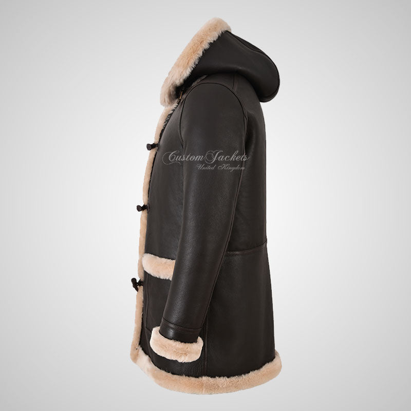 FARGO Men's Shearling Duffle Coat Sheepskin Fur Coat Removable Hood