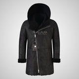 ANTONIO Men's Shearling Hooded Leather Coat Black Sheepskin Coat