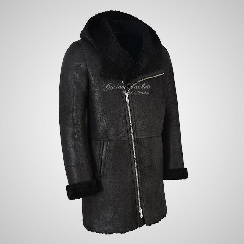 ANTONIO Men's Shearling Hooded Leather Coat Black Sheepskin Coat