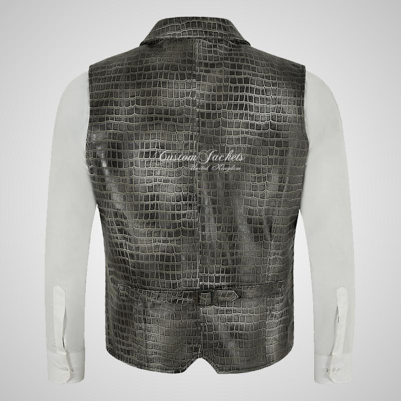ALDON Notch Collar Croc Print Leather Waistcoat For Mens