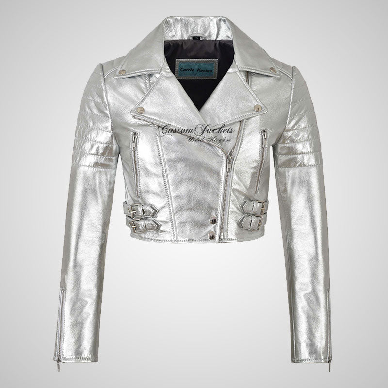 VOGUE Womens Leather Cropped Jacket Short Biker Jacket - Silver & Golden