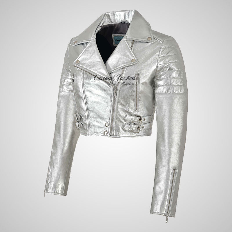VOGUE Womens Leather Cropped Jacket Short Biker Jacket - Silver & Golden