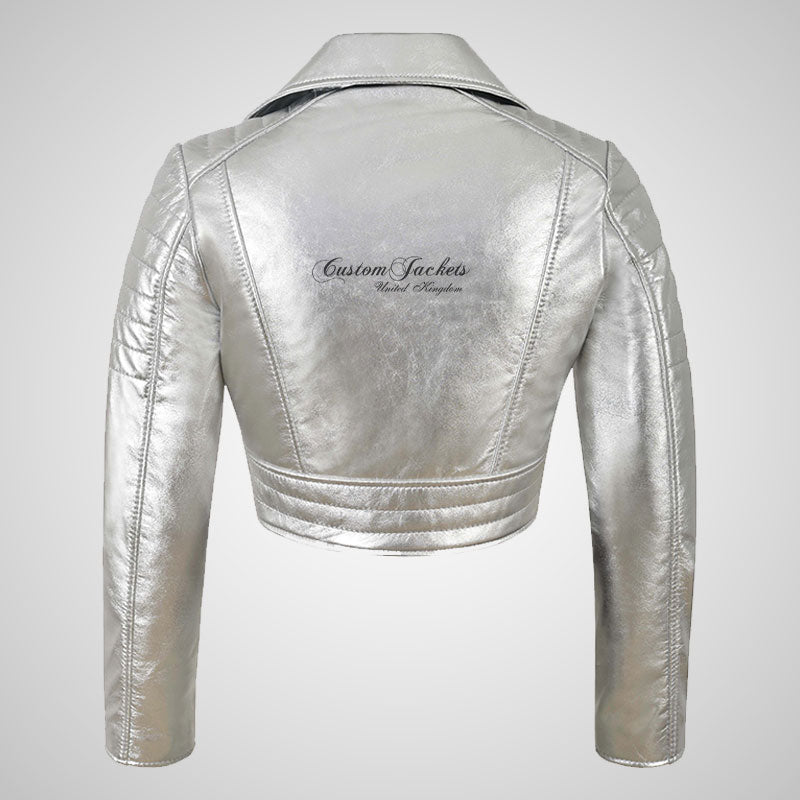VOGUE Womens Leather Cropped Jacket Short Biker Jacket Silver
