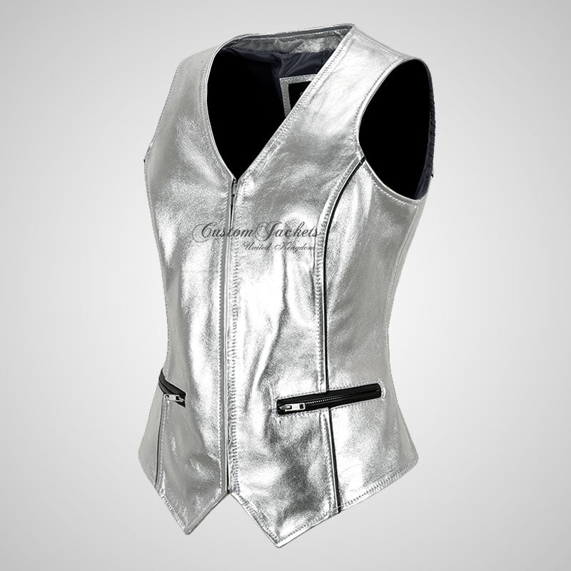 GLOSSY Women Metallic Silver Leather Waistcoat Fitted