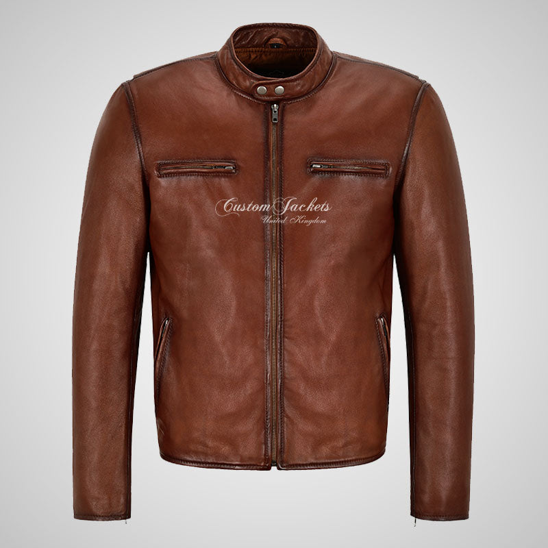 JAX Mens Leather Biker Jacket Dark Saddle Classic Moto Jacket
