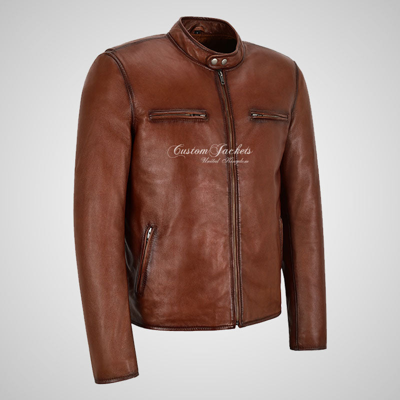 JAX Mens Leather Biker Jacket Dark Saddle Classic Moto Jacket