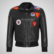 TOP GUN Leather Bomber Flight Jacket in Black