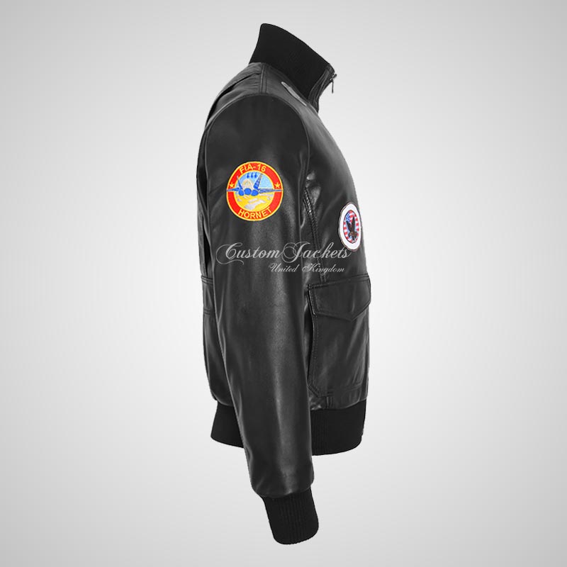 TOP GUN Leather Bomber Flight Jacket in Black