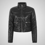 MEREZI Women's Cropped Leather Puffer Jacket in Black