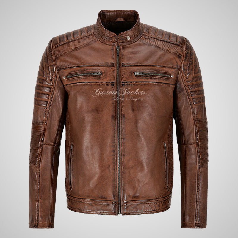 TENAC Men's Biker Leather Jacket Saddle Brown