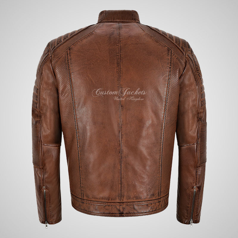 TENAC Men's Biker Leather Jacket Saddle Brown