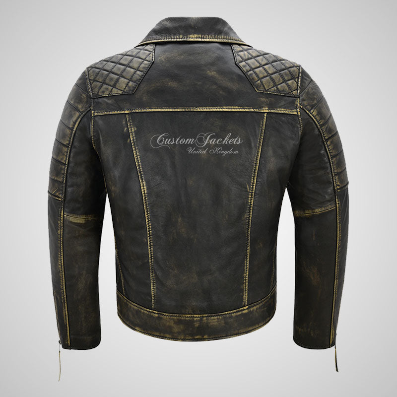 NOLEN Mens Vintage Yellow Leather Biker Jacket Black Waxed Leather