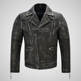 NOLEN Mens Leather Biker Jacket Vintage Black Waxed Leather