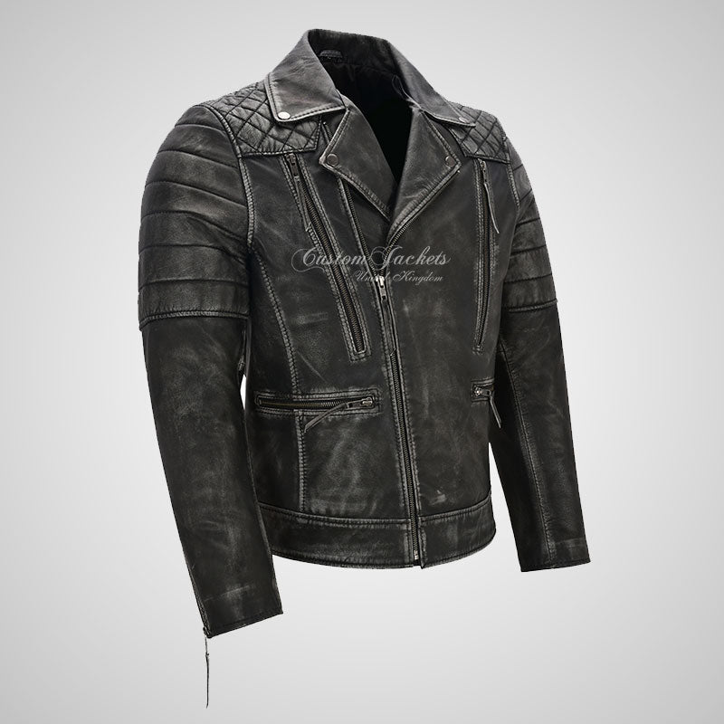 NOLEN Mens Leather Biker Jacket Vintage Black Waxed Leather