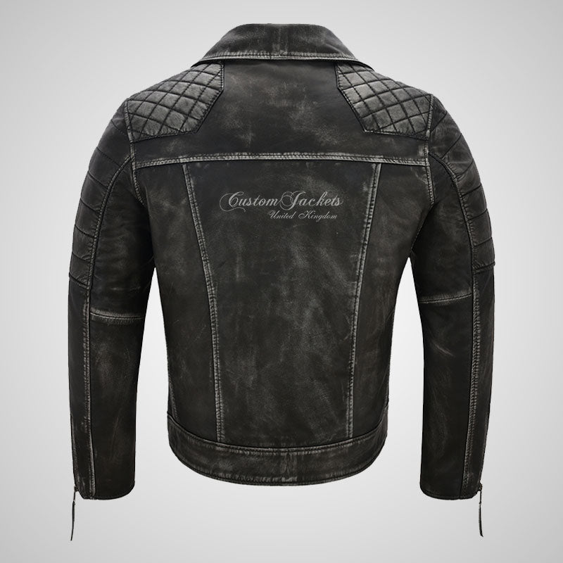 NOLEN Mens Leather Biker Jacket Vintage Black Waxed Leather