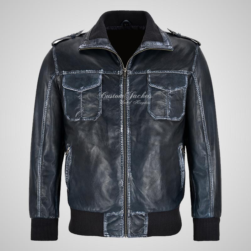 ATTICUS Vintage Navy Blue Leather Bomber Jacket For Men