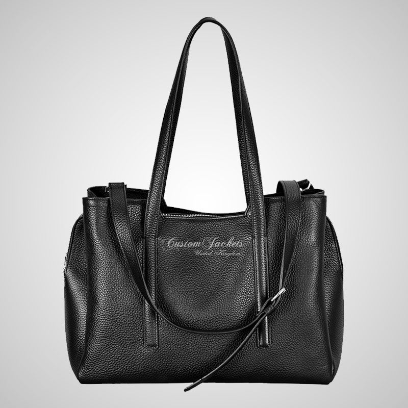 Ladies Zipped Tote Bag Black Real Leather Purse