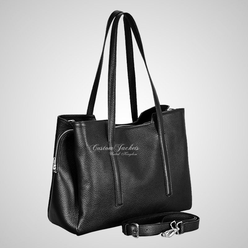 Ladies Zipped Tote Bag Black Real Leather Purse
