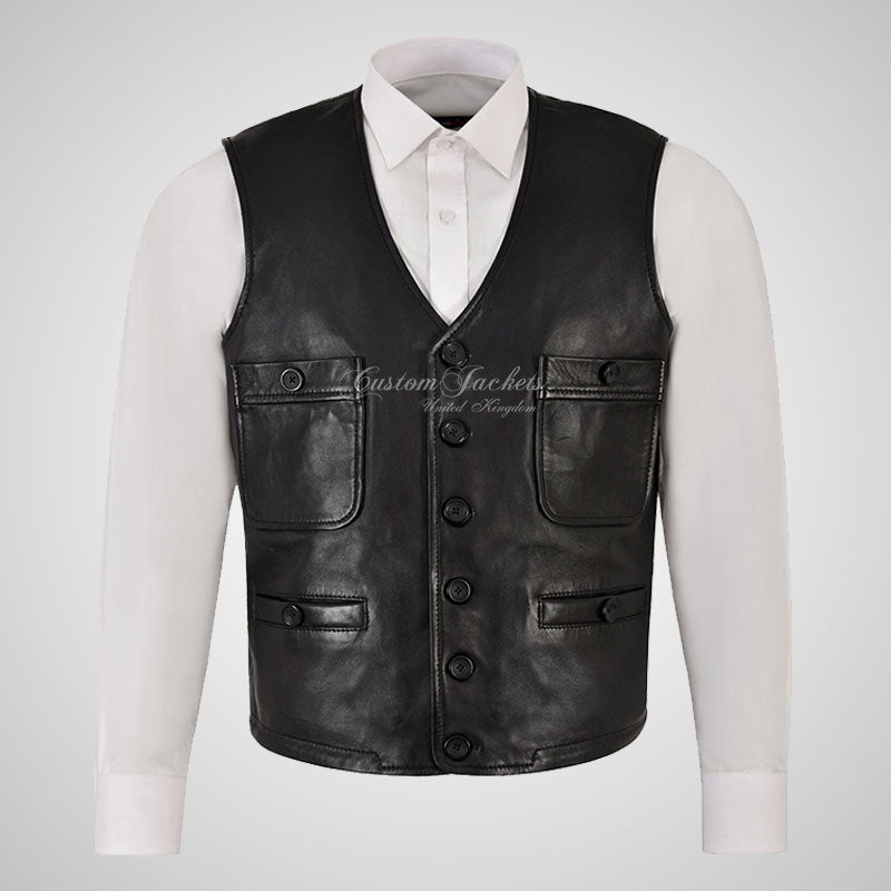 BELVOIR Mens Leather Waistcoat Black Soft Leather