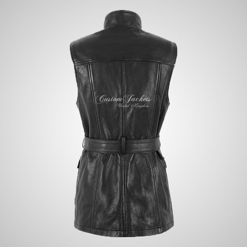 LUNA Ladies Leather Gilet Black Tie Belt Leather Vest Waistcoat