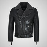 ASTER Men Biker Sheepskin Pilot Jacket Grey Fur Shearling Jacket
