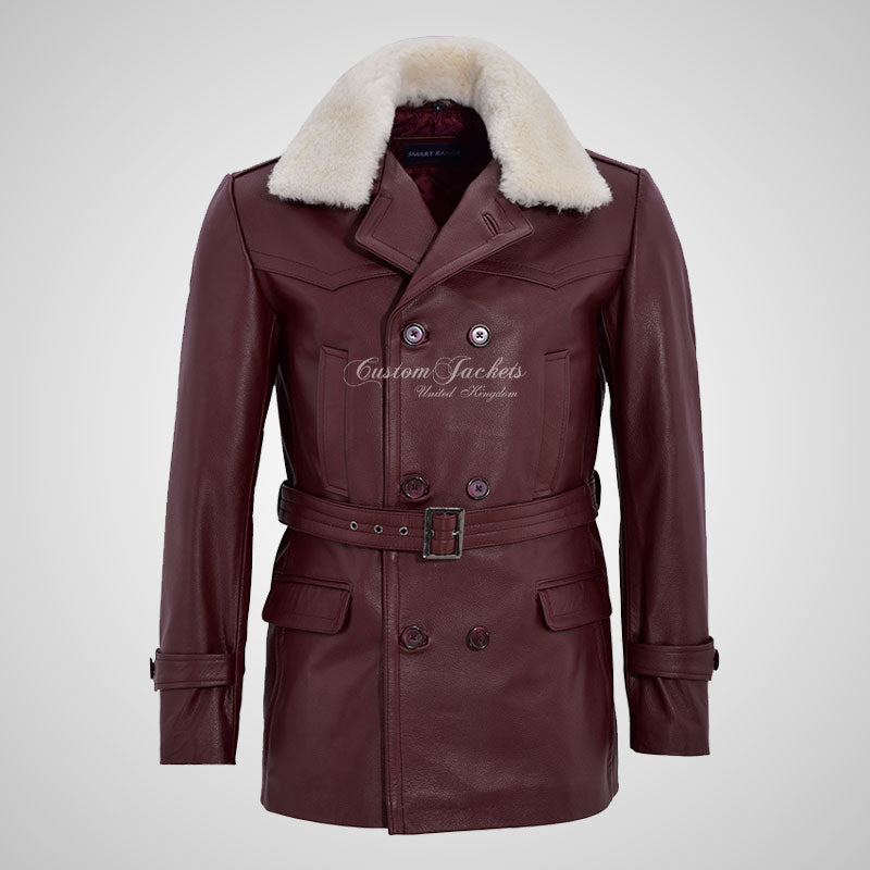 KRIEGSMARINE Mens Leather Pea Coat Fur Collar German Military Leather Jacket