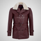 KRIEGSMARINE Mens Leather Pea Coat Fur Collar German Military Leather Jacket