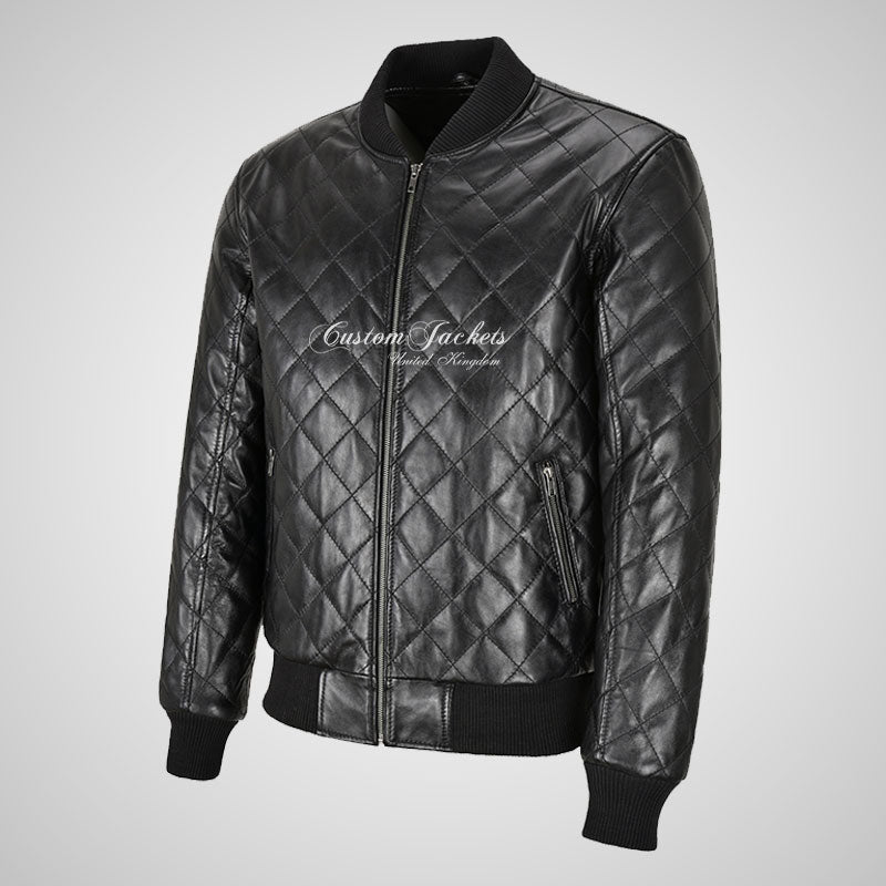 WINGED Mens Leather Quilted Bomber Jacket