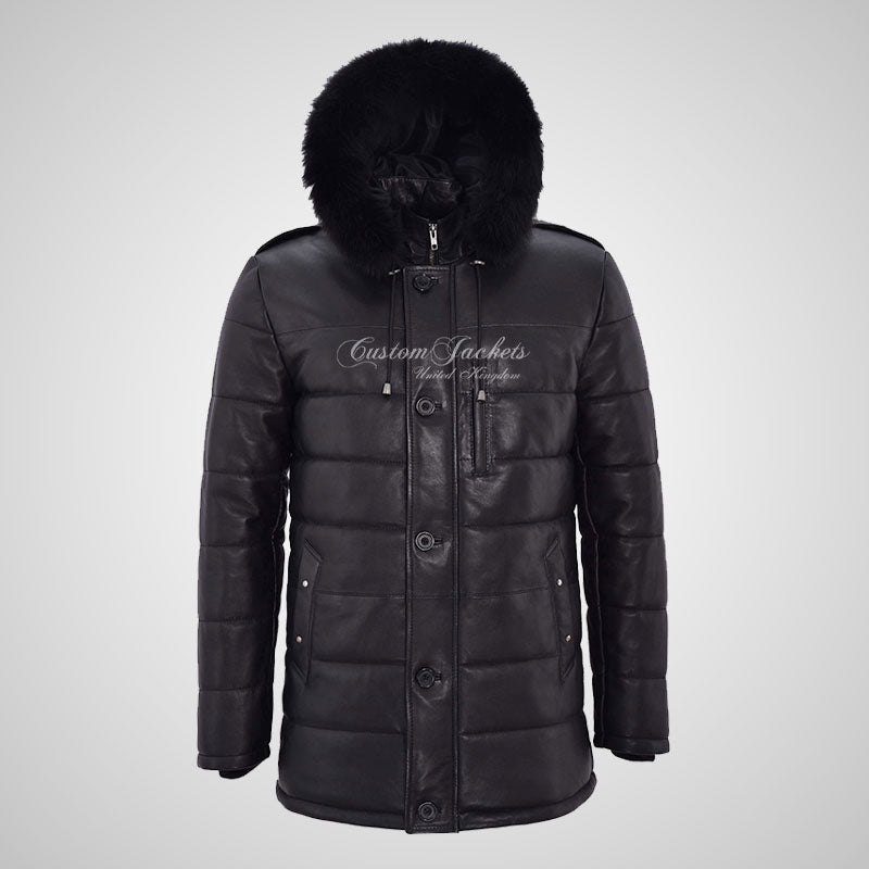 TOMSK Men's Fur Hooded Leather Parka Quilted Warm Jacket