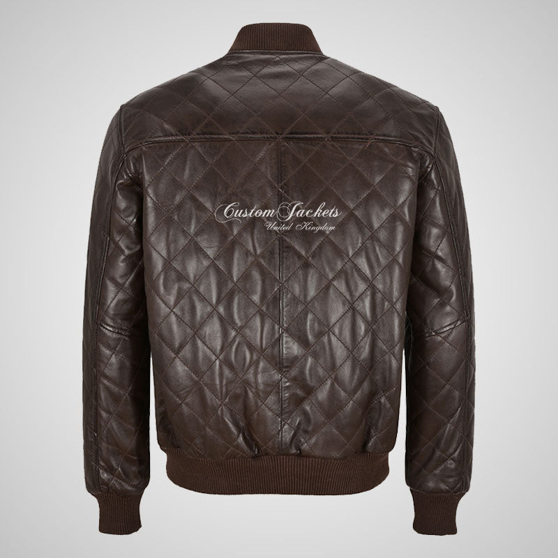 WINGED Mens Leather Quilted Bomber Jacket