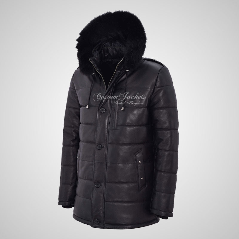 TOMSK Men's Fur Hooded Leather Parka Quilted Warm Jacket