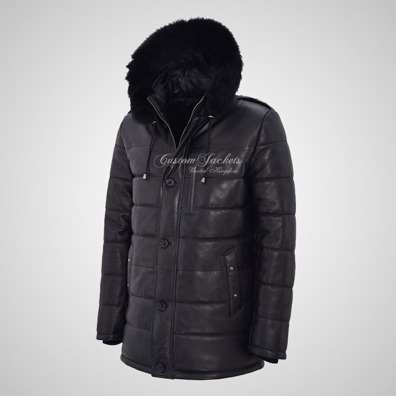 TOMSK Men's Fur Hooded Leather Parka Quilted Warm Jacket – Custom