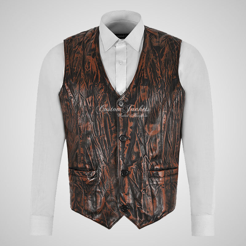 YORK Men's Wrinkle Effect Leather Waistcoat Soft Waxed Leather Vest