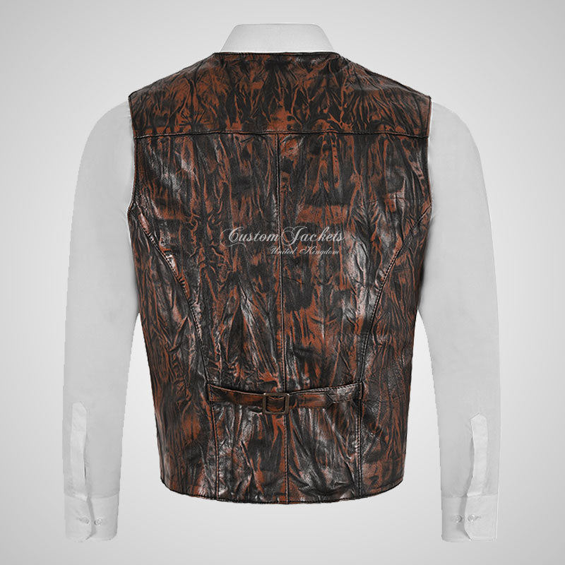 YORK Men's Wrinkle Effect Leather Waistcoat Soft Waxed Leather Vest
