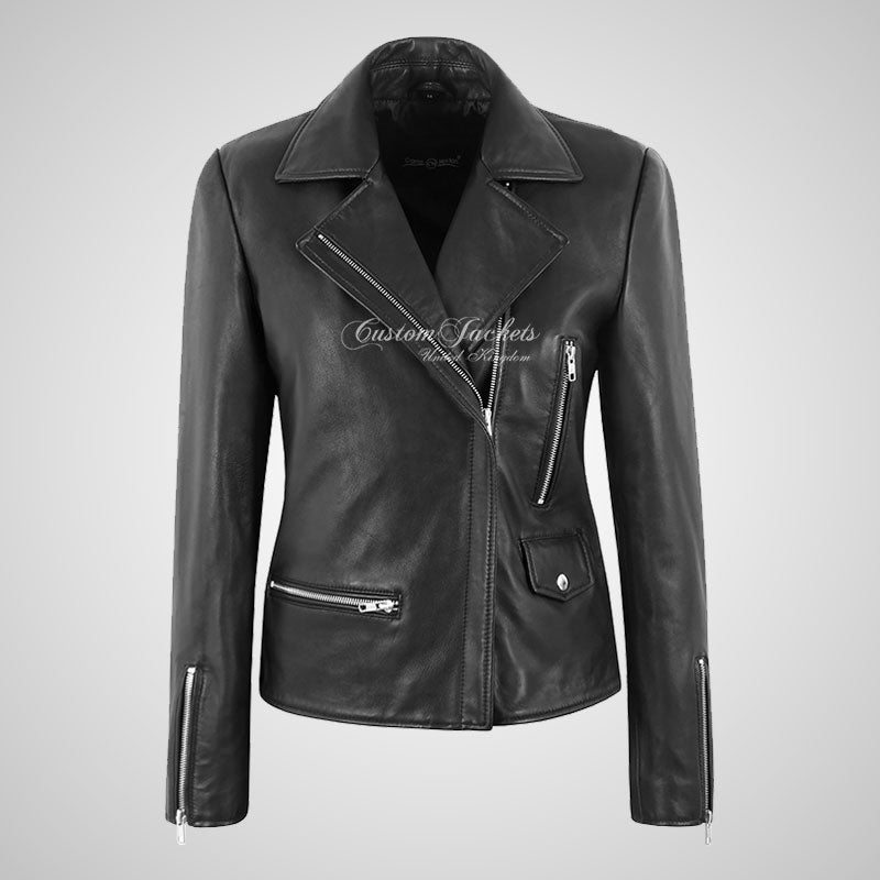 CHARYL Women Black Biker Leather Jacket Soft Real Leather