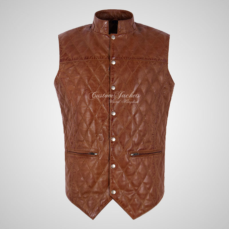 PATRAS Quilted Leather Waistcoat For Mens Mandarin Collar