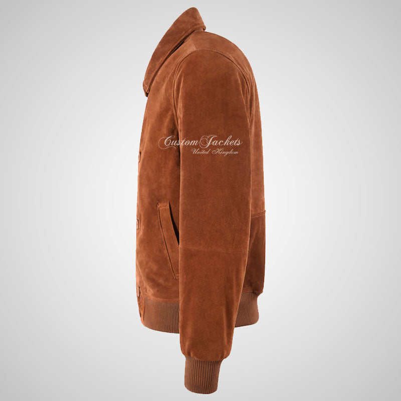 LOWEN Men’s Collared Suede Leather Bomber Jacket