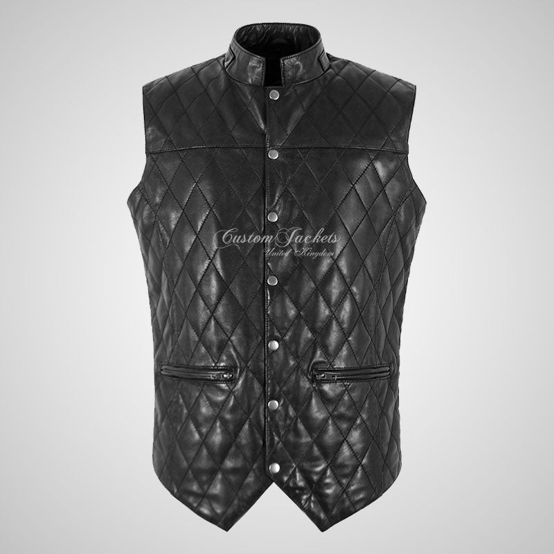 PATRAS Quilted Leather Waistcoat For Mens Mandarin Collar