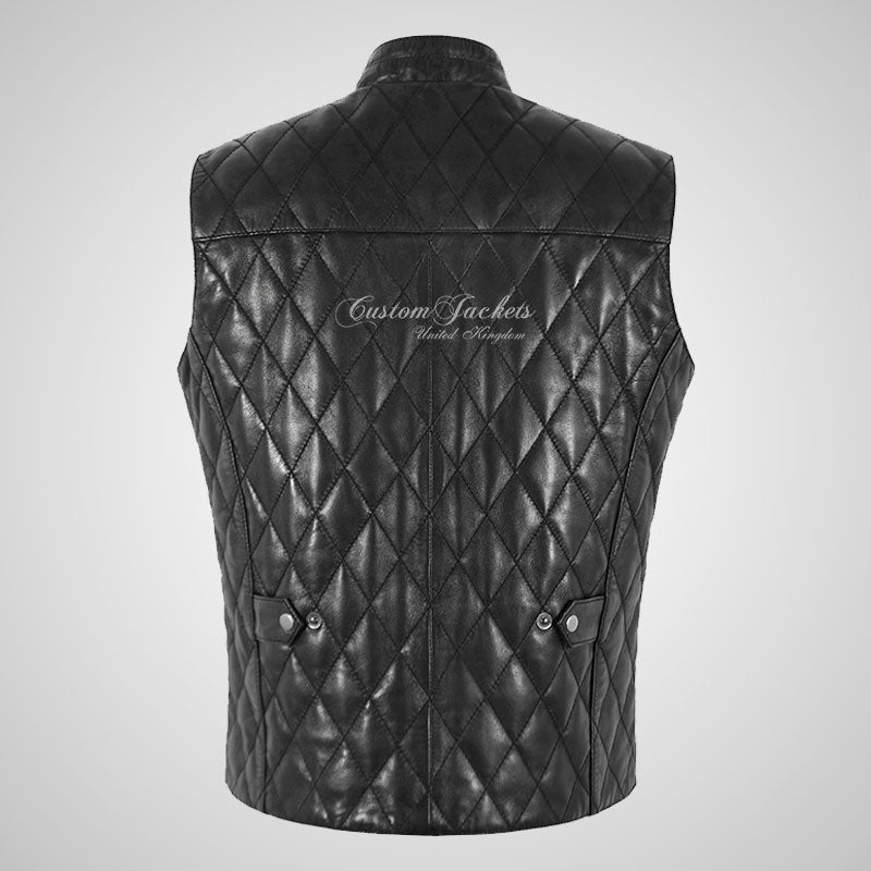 PATRAS Quilted Leather Waistcoat For Mens Mandarin Collar
