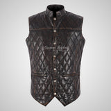 PATRAS Quilted Leather Waistcoat For Mens Mandarin Collar