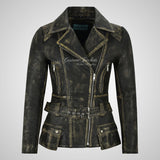 MOLLY Women Vintage Belted Biker Leather Jacket Lambskin Leather