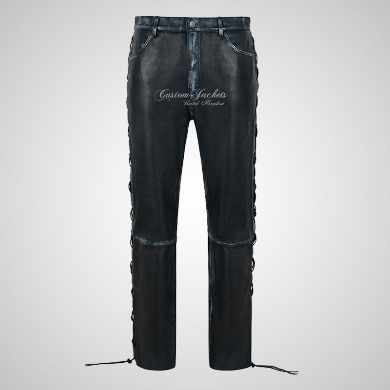 TROOPER Mens Laced Biker Style Leather Pants Soft Lamb Leather