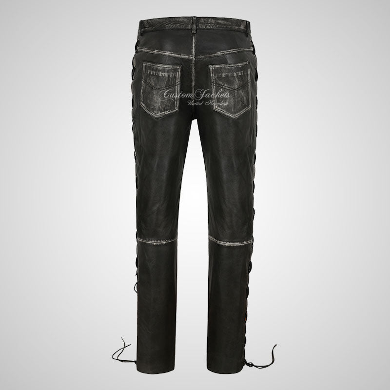 TROOPER Mens Laced Biker Style Leather Pants Soft Lamb Leather