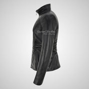 ELORA Ladies Shirring Leather Jacket Black
