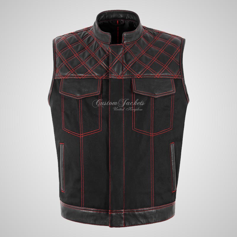 WINSE Bikers Leather Vest Black Leather Cardura Fabric