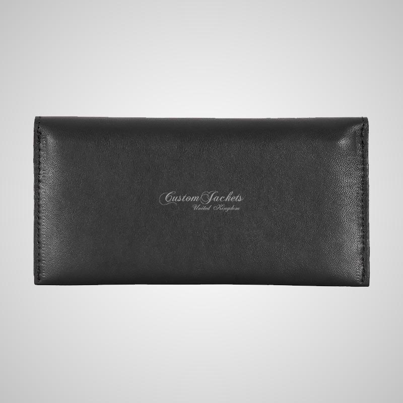 Women’s Slim Leather Clutch Wallet Black Flap Stud Hand Purse