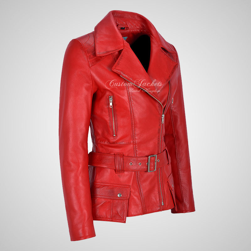 MOLLY Women Belted Biker Leather Jacket Lambskin Leather